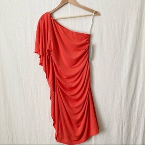 Suzi Chin Orange One Shoulder Bodycon Ruffle Dress